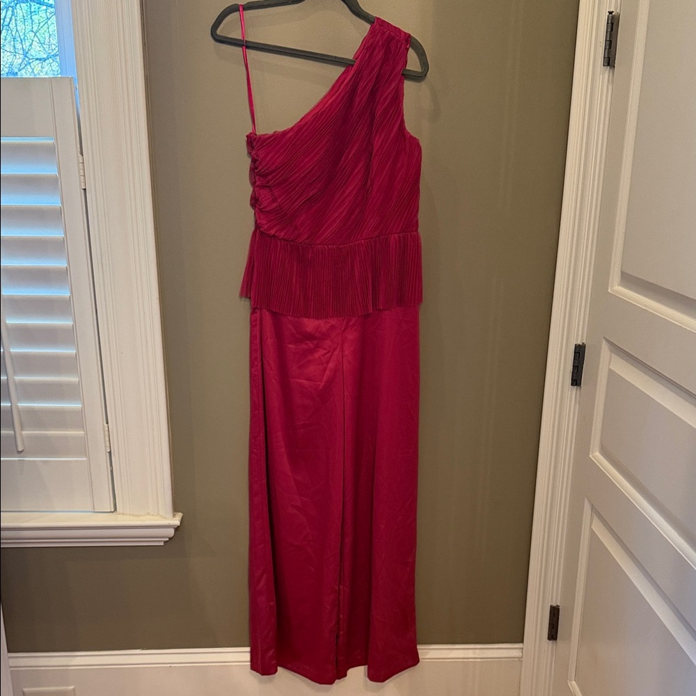 Women’s One-Shoulder Pleated Fuchsia Jumpsuit